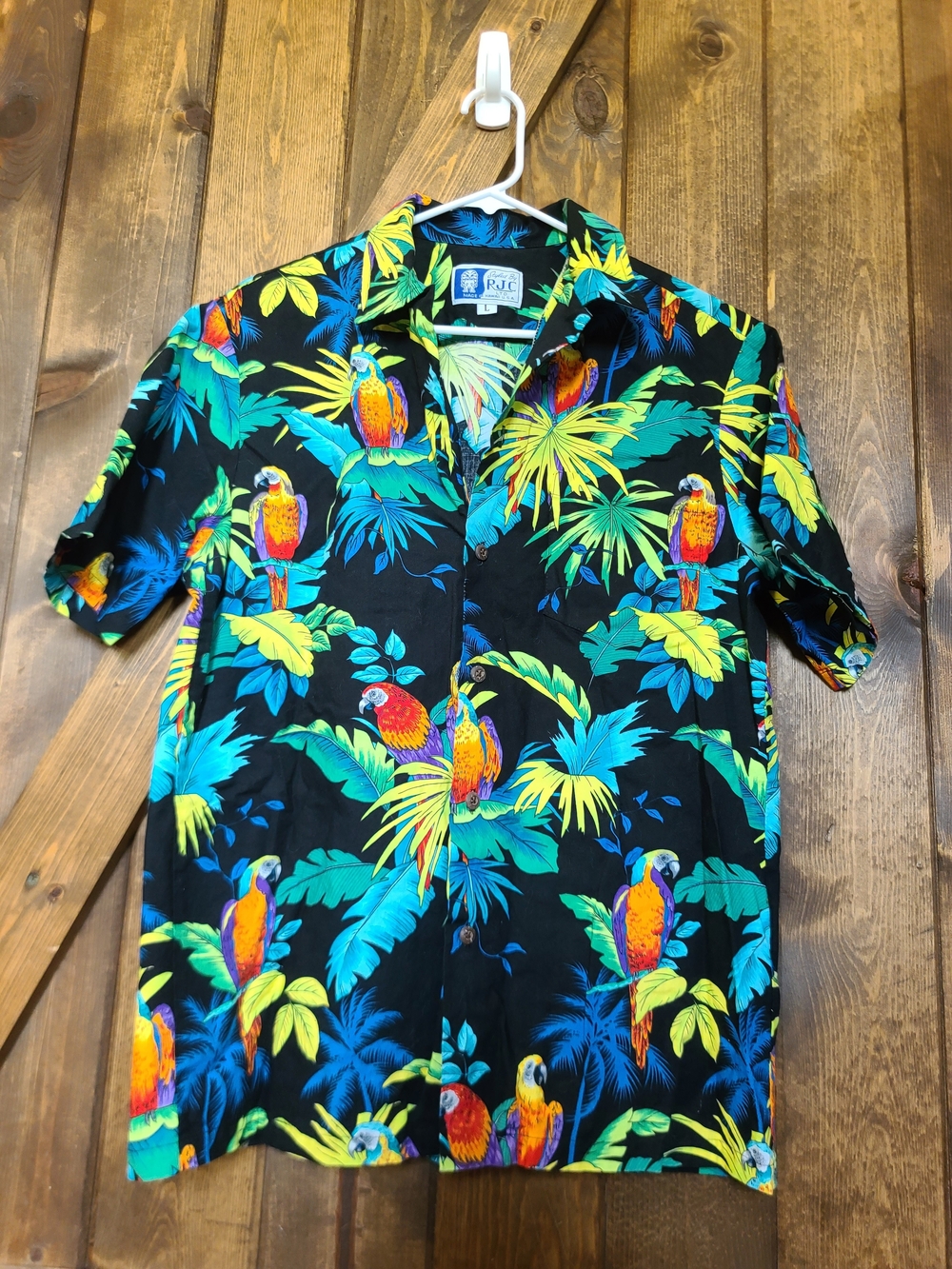 Vintage RJC Hawaiian Parrot Shirt Men's L Black Tropical Macaw 100% Cotton USA